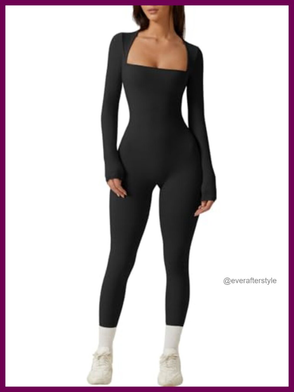 Square Neck Long Sleeve Bodycon Stretch Jumpsuit Full Length Leggings